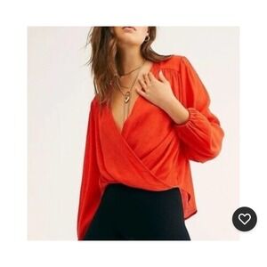 Free People Check On It Wrap Top Size S Pleated Bohemian Balloon Sleeve Orange